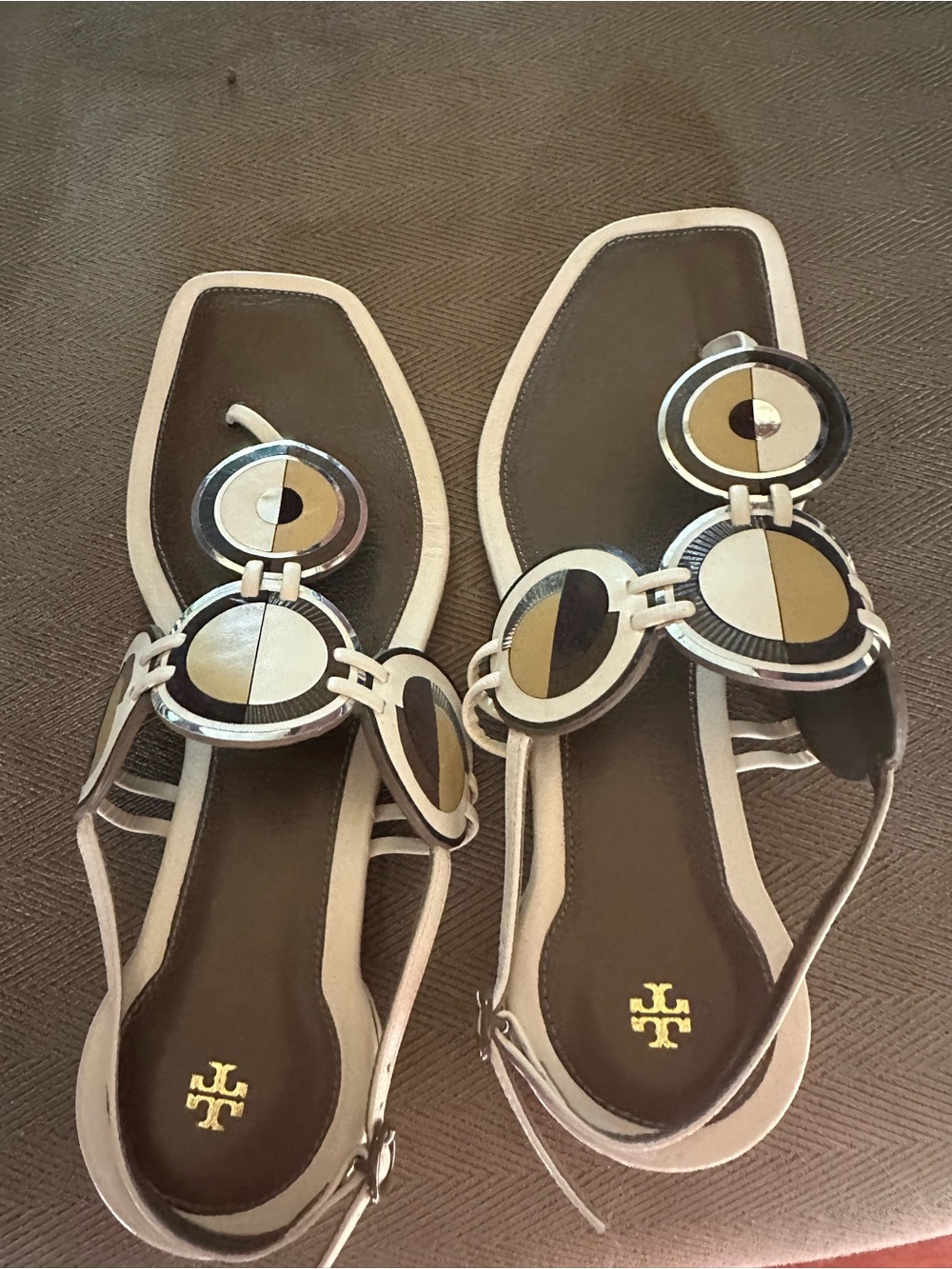 Tory Burch Brown and Cream Circular Logo Slingback Sandals